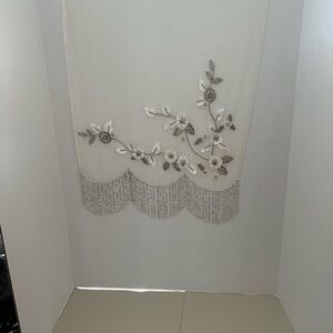 Vintage Floral Embroidered Beaded Sheer Scarf - Cream